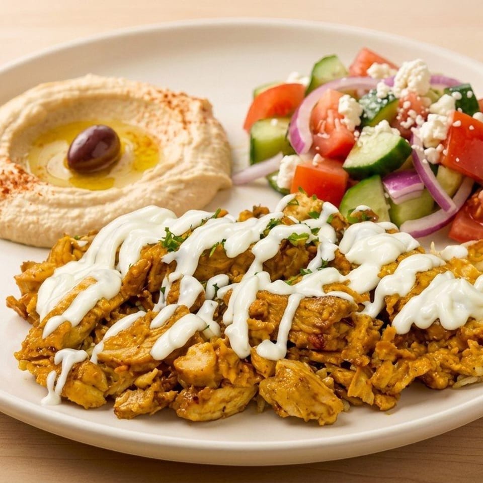Plate of seasoned chicken and rice drizzled with white sauce, served with hummus and a cucumber-tomato feta salad.