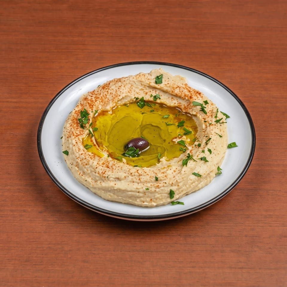 Creamy hummus with a pool of olive oil, paprika, parsley, and a single olive on a white plate.