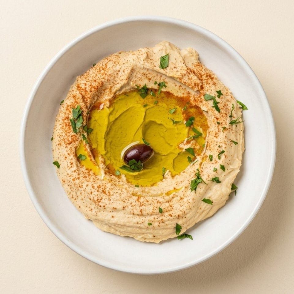 Bowl of hummus topped with olive oil, paprika, parsley, and a single olive.