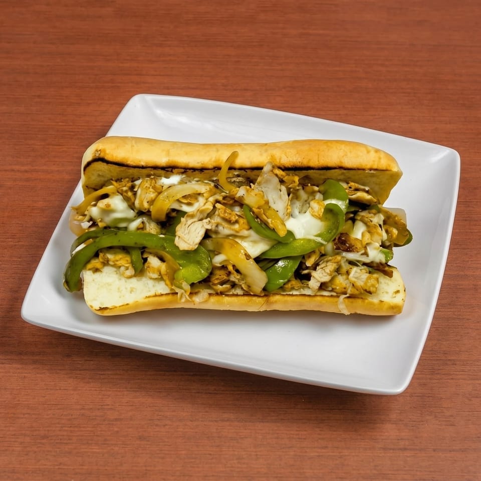 Chicken cheesesteak sandwich with melted cheese, green peppers, and onions on a white plate.