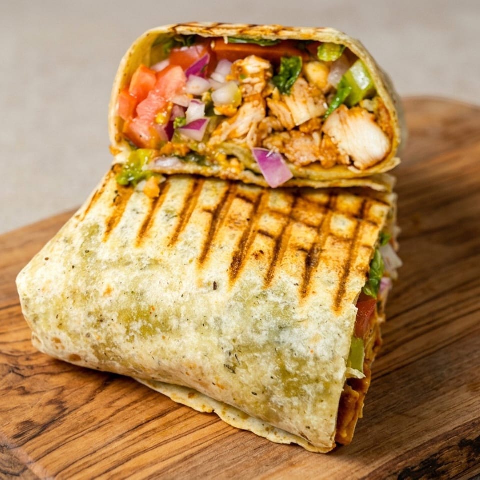 Grilled chicken wrap cut open to reveal lettuce, tomatoes, onions, and chickpeas on a wooden serving board.