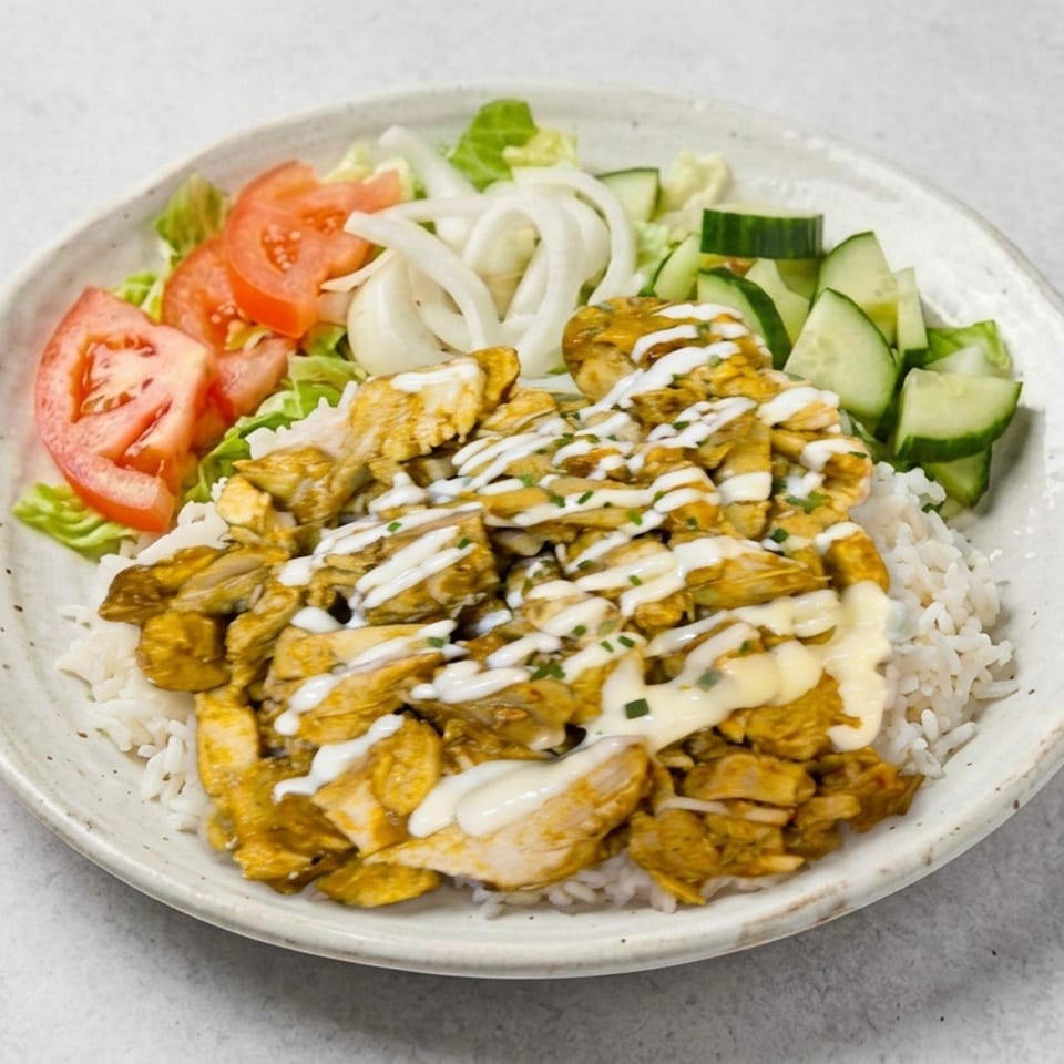 Plate of seasoned chicken over white rice with lettuce, tomatoes, onions, cucumbers, and creamy sauce.