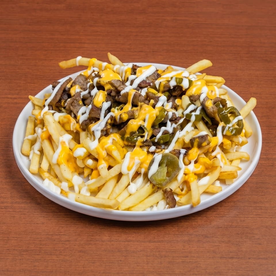 Loaded fries with steak, melted cheese, white sauce, and jalapeños on a white plate.