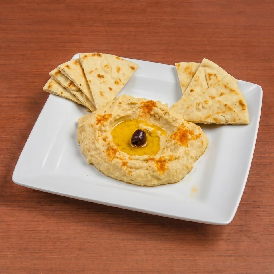 Creamy hummus with olive oil, a black olive, paprika, and pita bread on a white plate.